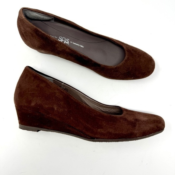 SAS Brown Suede Sophia Wedge Pumps - Picture 1 of 7